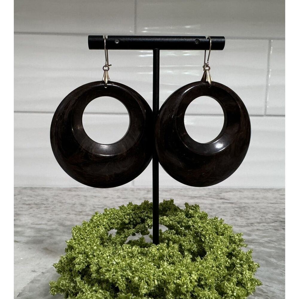 Vintage 70’s Dark Brown Hoop Drop Earrings - Women Jewelry
